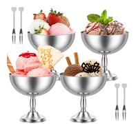 4Pcs Sundae Ice Cream Footed Bowl Set with Fork, 9.6oz Silver Footed Bowl Stainless Steel Dessert Cup Milkshake Cup Tip Resistant for Serving Smoothies Tiramisu Pudding Fruit
