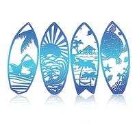 4Pcs Surf Board Metal Wall Art Decor Surfboard Shark Waves Beach Surfer Sea Turtle Signs Tropical Surfboard Palm Tree Decor Home Hanging Wall Art Wall Sculptures Decorations for Wall Door(Blue)