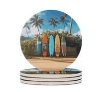 4PCS Surf's Up Surfboard Coasters Non-Slip Round Drink Coasters with Ceramic Stone and Cork Base, Heat Resistant Absorbent 33.00Stone Coaster Set for Kinds of Mugs and Cups, 4 Inch