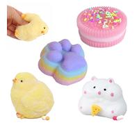 4Pcs Taba Squishy Set,Fluffy Hamster+Yellow Chick+Pink +Colorful Cat Paw,Taba Squishy Cat Paw And Taba Squishy Hamster for Stress Relief Children Adults Birthday Gifts