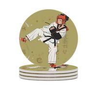 4PCS Taekwondo Design Coasters Non-Slip Round Drink Coasters with Ceramic Stone and Cork Base, Heat Resistant Absorbent 33.00Stone Coaster Set for Kinds of Mugs and Cups, 4 Inch