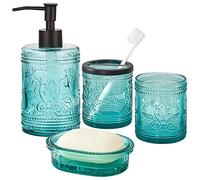 4PCs Teal Blue Glass Bathroom Accessories Set with Decorative Pressed Pattern - Includes Hand Soap Dispenser & Tumbler & Soap Dish & Toothbrush Holder (Teal Blue)