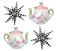 4Pcs Teapot Balloon Set/Pink Green Teapot Balloons+ Black White Checkered Explosion Pointed Star Foil Balloons/Tea Party Decor, Alice Wonderland, Let's Par-Tea Girls Birthday, Spring Garden Party