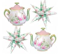 4Pcs Teapot Balloon Set/Pink Green Teapot Mylar Balloons+Flower Exploding Star Foil Balloons/Tea Party Decorations, Alice Wonderland, Bridal Shower, Let's Par-Tea Girls Birthday, Spring Garden Party