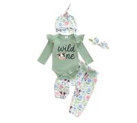 4Pcs Toddler Girls First Birthday Outfits Ruffled Long Sleeve Letter Print Romper Bodysuit Jumpsuit + Floral Cow Print Pants + Headband + Hat Set Baby Girl 1st Birthday Clothes (Green, 12-18 Months)