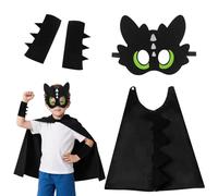 4Pcs Toothless Costumes Set for Kids, Cartoon Toothless Fancy Dress Kit with Mask, Black Cape and Sleeves, Cute Dragon Cosplay Accessories for Halloween Party Dress Up Day Carnival