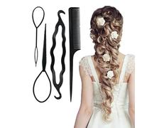 4pcs Topsy Tail Hair Tool, Hair Braiding Tool French Braid Loop Tool, Rat Tail Comb Fast Hair Styling Accessories (Black)