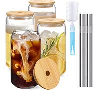 4pcs Transparent Glass Cups with Lids & Straw 500ml Large Drinking Glasses Can Shaped Beer Glasses Tumbler for Cold Drinks Juice Coffee Cocktail Soda