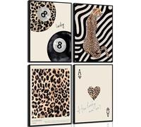 4Pcs Trendy Leopard Canvas Wall ArtCheetah Preppy Aesthetic Room Wall Decor Chic Leopard Ace Card Posters Prints Funky Lucky 8 Ball Painting Pictures for Girls Bedroom Apartment Dorm Unframed