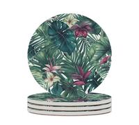 4PCS Tropical Leaves Coasters Non-Slip Round Drink Coasters with Ceramic Stone and Cork Base, Heat Resistant Absorbent 33.00Stone Coaster Set for Kinds of Mugs and Cups, 4 Inch