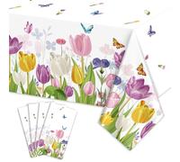 4Pcs Tulip Party Tablecloths Rectangle Floral Table Cloths Watercolor Tulip Tablecloth Butterfly Table Cover for Tea Lilac Butterfly Tulips Spring Birthday Party Decorations, 51 x 86inch