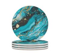 4PCS Turquoise Blue Gold Marble Coasters Non-Slip Round Drink Coasters with Ceramic Stone and Cork Base, Heat Resistant Absorbent 33.00Stone Coaster Set for Kinds of Mugs and Cups, 4 Inch