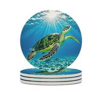 4PCS Turtle Swimming in The Sea Coasters Non-Slip Round Drink Coasters with Ceramic Stone and Cork Base, Heat Resistant Absorbent 33.00Stone Coaster Set for Kinds of Mugs and Cups, 4 Inch