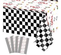 4pcs Two Fast Race Car Tablecloths - Racing Car Table Covers Rectangular Black and White Checkered Tablecloth for Boys Kids' Two Year Old Race Car Birthday Party Supplies, 51 x 86.6 Inch (Two Fast)