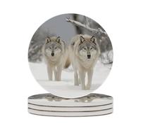 4PCS Two Wolves Walking in The Snow Coasters Non-Slip Round Drink Coasters with Ceramic Stone and Cork Base, Heat Resistant Absorbent 33.00Stone Coaster Set for Kinds of Mugs and Cups, 4 Inch