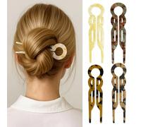 4PCS U-Shaped Hairpin French Style Bun Holder - Premium Acetate Magic Twist Hair Stick, Elegant Non-Slip Hair Pins & Slides, Lightweight Secure Hold Accessories,Long Thick or Fine (Four Piece Set A)