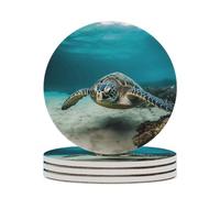 4PCS Underwater Diving Sea Turtle Coasters Non-Slip Round Drink Coasters with Ceramic Stone and Cork Base, Heat Resistant Absorbent 33.00Stone Coaster Set for Kinds of Mugs and Cups, 4 Inch