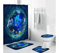 4pcs Underwater World 3D Ocean Dolphins and Tropical Fish Shower Curtain Set, Blue Underwater Cave Scene with Marine Wild Life Bathroom Decor Set