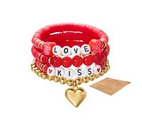 4Pcs Valentine’s Day KISS LOVE Letter Preppy Stackable Cute Red Pink Vinyl Disc Beads Surfer Stretch Bracelets Bulk Heart Charm Bracelet Set Holiday Festive Jewelry Gift for Women