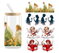 4pcs Valentine's Day Cupid Heart UV DTF Cup Wraps Transfer Waterproof Sticker for Glass Cups Furniture Craft DIY Crafts，Rub on Transfer Stickers for DIY Water Bottle Laptop Decal Wood Car