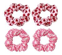 4Pcs Valentine's Hair Silk Scrunchies,Red Heart Elastic Hair Tie for Women,Pink Hair Scrunchies Headband,Pink Flower Design Girl Ponytail Holder for Ponytail, Wig, Miss Resin Curls,
