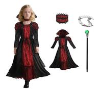 4Pcs Vampire Costume Kids Royal Vampiress Queen Dress with Fangs Wand Stickers for Girls Halloween Outfit Cosplay (M)