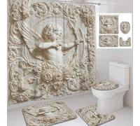 4Pcs Vintage Angel Shower Curtain Set, Cream White Classical Cherub Bath Mat Rugs Accessories for Bathroom Decor, Elegant Modern Waterproof Fabric Shower Curtain Set with Hooks 72x72 Inch