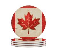 4PCS Vintage Canada Flag Coasters Non-Slip Round Drink Coasters with Ceramic Stone and Cork Base, Heat Resistant Absorbent 33.00Stone Coaster Set for Kinds of Mugs and Cups, 4 Inch