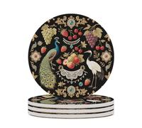 4PCS Vintage Fruit & Bird Print Coasters Non-Slip Round Drink Coasters with Ceramic Stone and Cork Base, Heat Resistant Absorbent 33.00Stone Coaster Set for Kinds of Mugs and Cups, 4 Inch