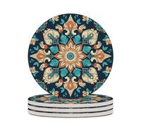 4PCS Vintage Mandala Flowers Coasters Non-Slip Round Drink Coasters with Ceramic Stone and Cork Base, Heat Resistant Absorbent 33.00Stone Coaster Set for Kinds of Mugs and Cups, 4 Inch