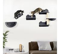 4PCs Wall Mounted Cat Shelves w/ Hammock, Nest, Scratching Post PawHut Dark Grey One Size