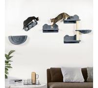 4PCs Wall Mounted Cat Shelves w/ Hammock, Nest, Scratching Post PawHut Grey One Size