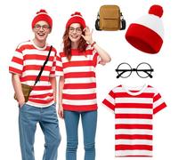 4Pcs Wally Costume for Adults, Red and White Striped Accessories Set with T-Shirt Beanie Hat Glasses Bag Fancy Dress for Women Men World Book Day Halloween Theme Party (XXL)