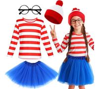 4Pcs Wally Costume Set for Girls, Red & White Striped Top, Blue Tutu, Hat, Glasses Fancy Dress Costume Outfit for World Book Day Halloween Cosplay Theme Party Halloween Christmas