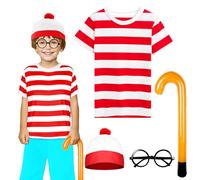 4PCS Wally Costume Set for Kids, 90s Fancy Dress Outfit Accessories Kit with Red & White T-Shirt Bobble Hat Frameless Glasses Inflatable Crutches for World Book Day Halloween Christmas Party Supplies
