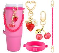 4Pcs Water Bottle Accessories for Owala Stanley Cup Accessories Set Hot Pink Water Bottle Handle Strap Decoration Cute Cherry Fruit Tumbler Cup Accessories Set for Women Water Bottle Holder with Strap