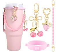 4Pcs Water Bottle Accessories for Owala Stanley Cup Accessories Set Pink Water Bottle Handle Strap Decoration Cute Cherry Fruit Tumbler Cup Accessories Set for Women Water Bottle Holder with Strap