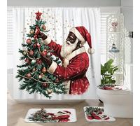 4PCS Watercolor Christmas Black Santa Claus Shower Curtain Sets with Non-Slip Rug, U Shape and Toilet Lid Cover Mat, Xmas African American Bath Decor, Bathroom Accessory with Hooks