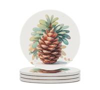 4PCS Watercolor Pine Cone Coasters Non-Slip Round Drink Coasters with Ceramic Stone and Cork Base, Heat Resistant Absorbent 33.00Stone Coaster Set for Kinds of Mugs and Cups, 4 Inch
