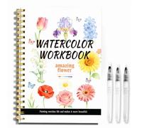4Pcs Watercolour Workbook with Brush, 14 Flower Patterns Watercolour Book, Beginner Friendly Watercolours Paint Set, Amazing Flower Water Colouring Book, DIY Arts and Crafts for Adults