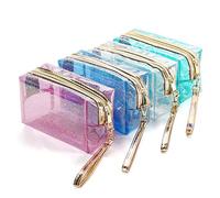 4Pcs Waterproof Cosmetic Bags PVC Transparent Zippered Toiletry Bag with Handle Strap Portable Clear Makeup Bag Pouch for Bathroom, Vacation and Organizing…, Clear, Small (4 Count), Fashion