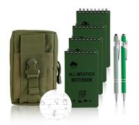 4PCS Waterproof Notebook, 1PCS Molle Pouches And 2PCS Metal Gel Pens, A7 Pocket Write in the Rain Notebooks with Spiral, 3x5in Waterproof Field Notes Notebook, Small All Weather Notepad (Green Set)