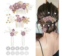 4Pcs Wedding Hair Accessories for Women, Classy Bridal Hair Pins Flower Bridesmaid Hair Accessories 10Pcs Spiral Pearl Hair Pins for Brides Bridesmaids Women Girls (Purple)