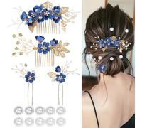 4Pcs Wedding Hair Accessories for Women, Classy Bridal Hair Pins Flower Bridesmaid Hair Accessories 10Pcs Spiral Pearl Hair Pins for Brides Bridesmaids Women Girls (Royal Blue)