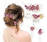 4Pcs Wedding Hair Pins Set, Pink Flower Bridal Hair Pins Bridesmaid Hair Accessories, Wedding Hair Comb, Pearl Flower Hair Piece Bridal Hair Clips for Women Girls Bride Bridesmaids(Red)