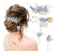 4Pcs Wedding Hair Pins Set, Pink Flower Bridal Hair Pins Bridesmaid Hair Accessories, Wedding Hair Comb, Pearl Flower Hair Piece Bridal Hair Clips for Women Girls Bride Bridesmaids(Blue)