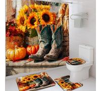 4Pcs Western Boot Shower Curtain Set, Teal Brown Cowboy Boots Bath Mat Rugs Accessories for Autumn Decor, Rustic Waterproof Fabric Shower Curtain Set with Hooks 72x72 Inch
