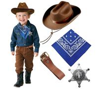 4Pcs Western Cowboy Accessories Set for Kids, Farm Costume Fancy Dress Kit with Cowboy Hat, Golden Badge, Blue Bandana, Brown Belt for Halloween Party Dress Up Day