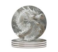 4PCS White Dragon Style Coasters Non-Slip Round Drink Coasters with Ceramic Stone and Cork Base, Heat Resistant Absorbent 33.00Stone Coaster Set for Kinds of Mugs and Cups, 4 Inch