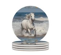 4PCS White Horse Running on The Sea Coasters Non-Slip Round Drink Coasters with Ceramic Stone and Cork Base, Heat Resistant Absorbent 33.00Stone Coaster Set for Kinds of Mugs and Cups, 4 Inch